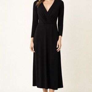 LOFT Women Black Midi Dress Size 4 Long Sleeve V-Neck Wrap Work, Wedding, Party